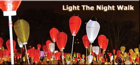 Red and white lanterns over a dark background with the words Light The Night Walk