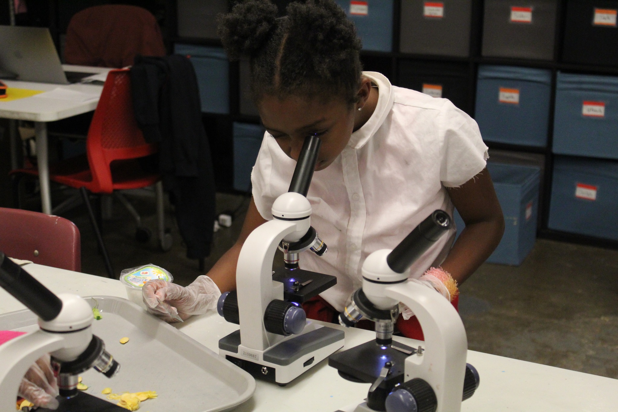 student peers into microscope