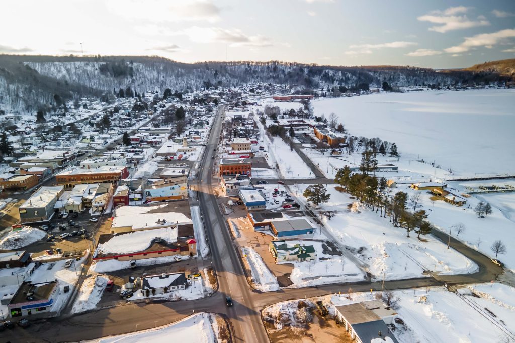 aerial view of downtown Munising
